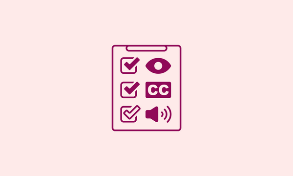 Icon of a checklist of accessibility features including sound visuals and closed captioning